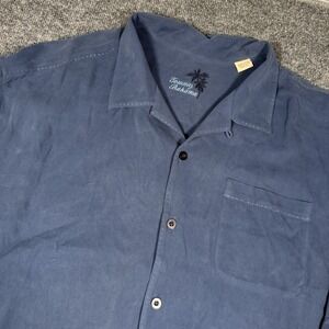 Tommy Bahama Shirt Mens 2XL Navy Blue 100% Silk Hawaiian Button Up Short Sleeve